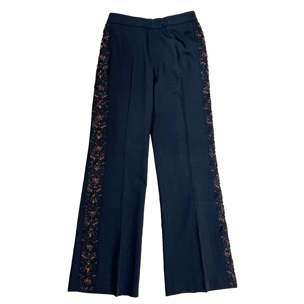 VTG Oscar de la Renta Pants 4 Petite Wool Blend Flare Beaded Hearts Stretch USA